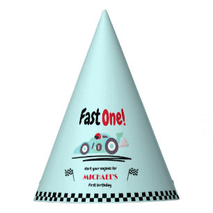 First Birthday Fast One Vintage Blue Race Car Party Hat