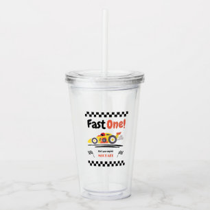 First Birthday Fast One Yellow Vintage Race Car Acrylic Tumbler
