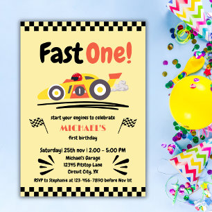 First Birthday Fast One Yellow Vintage Race Car Invitation