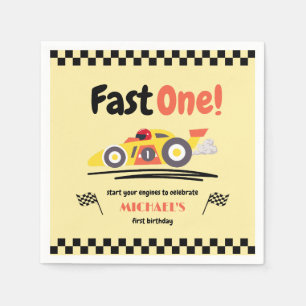 First Birthday Fast One Yellow Vintage Race Car Napkin