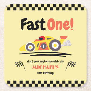 First Birthday Fast One Yellow Vintage Race Car Square Paper Coaster