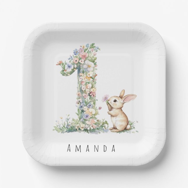 First Birthday Floral Bunny Paper Plate (Front)