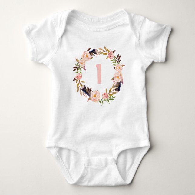 First Birthday Floral Wreath Boho Baby Bodysuit (Front)