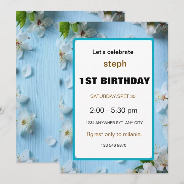 first birthday flowers invitation (Front/Back)