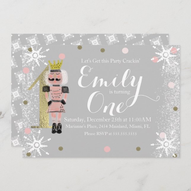 First Birthday Foil One Nutcracker Snowflakes Invitation (Front/Back)