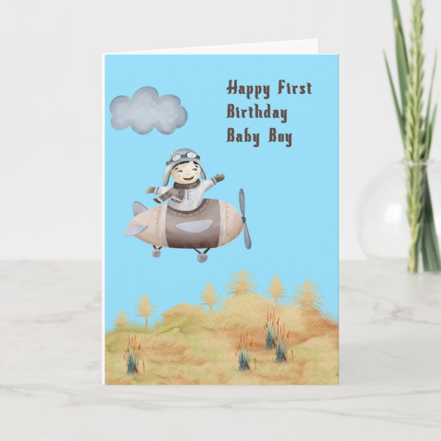 First Birthday for a Baby Boy who Likes Aeroplanes Card (Front)