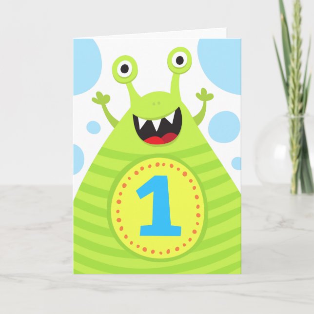 First birthday funny green monster greeting card (Front)