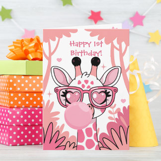 First Birthday Giraffe Pink Bubble Cute Funny Card