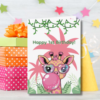 First Birthday Giraffe Pink Bubble Cute Funny Card