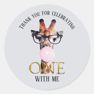 First Birthday Giraffe wearing glasses gum Classic Round Sticker
