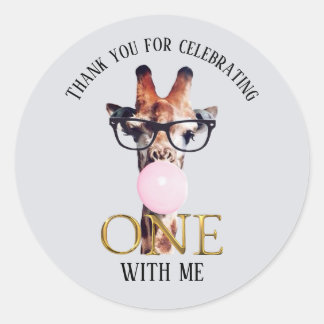 First Birthday Giraffe wearing glasses gum Classic Round Sticker