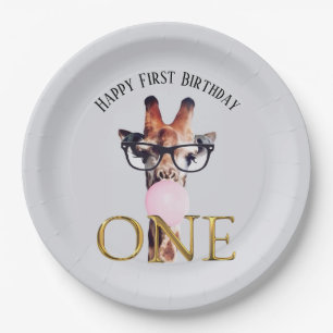 First Birthday Giraffe wearing glasses gum Paper Plate