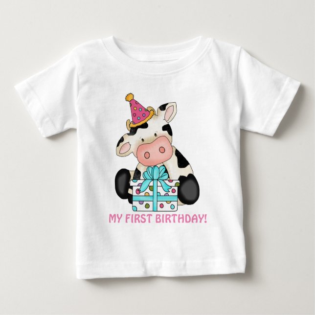 First Birthday girl cow baby t-shirt (Front)