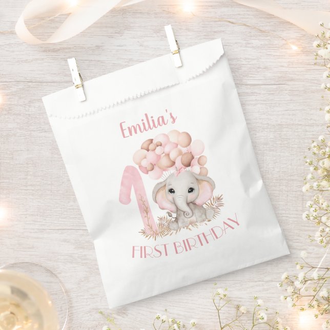 First Birthday Girl Cute Elephant Favour Bag (Clipped)