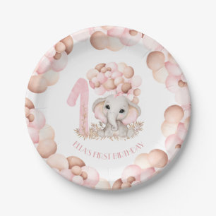First Birthday Girl Cute Elephant Pink Balloons Paper Plate