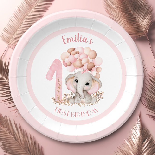 First Birthday Girl Cute Elephant Pink Paper Plate (First Birthday Girl Cute Elephant Pink Paper Plates)
