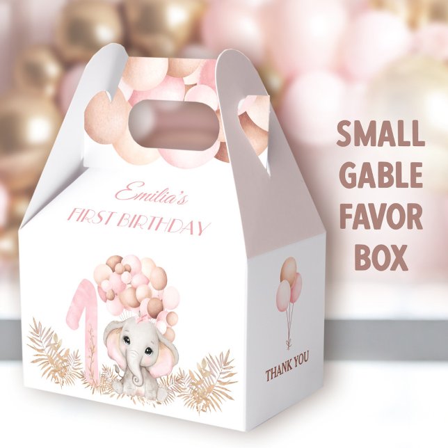 First Birthday Girl Elephant Pink Balloons Small Favour Box (Pink Elephant Small Gable Favor Boxes - You can choose from 3 sizes of these gable favor boxes)