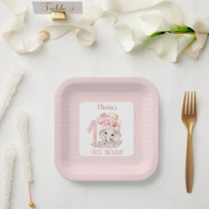 First Birthday Girl Elephant Pink Paper Plate