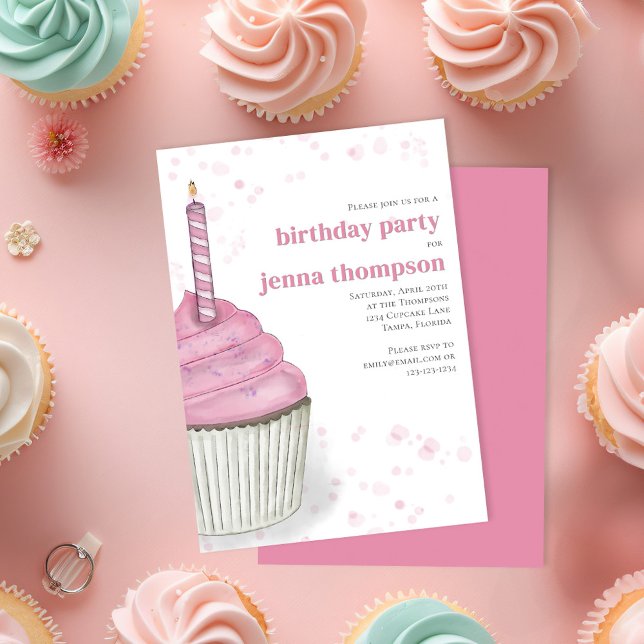 First Birthday Girl Party Pink Cupcake Custom Invitation (Pink watercolor birthday cupcake custom invitaiton. )