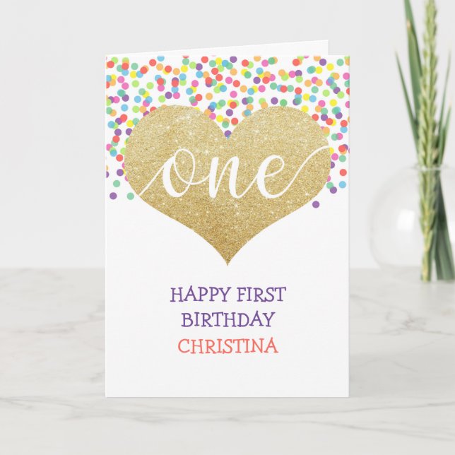 First Birthday Girl Personalised Heart Rainbow Card (Front)