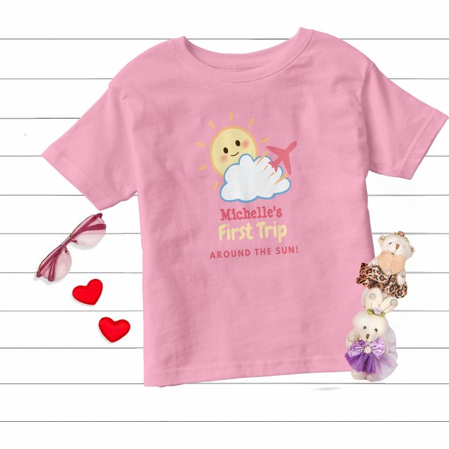 First Birthday Girl Pink Aeroplane Yellow Sun Clou Toddler T-Shirt (Creator Uploaded)