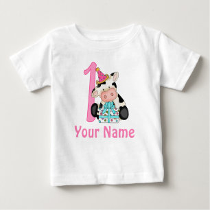 First Birthday Girl Pink Cow Baby T-Shirt