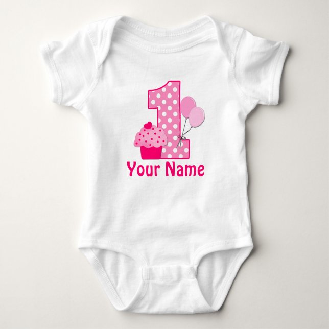 First Birthday Girl Pink Cupcake Baby Bodysuit (Front)