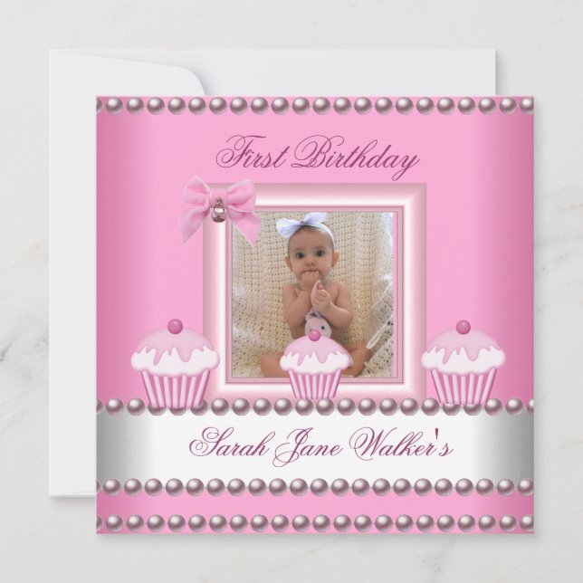 First Birthday Girl Pink Cupcakes White Baby Invitation (Front)