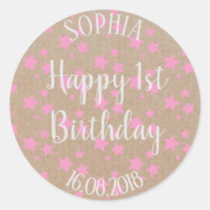 First Birthday Girl Pink Stars Craft Paper Classic Round Sticker