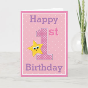 First Birthday Girl, Pink with Yellow Star Card