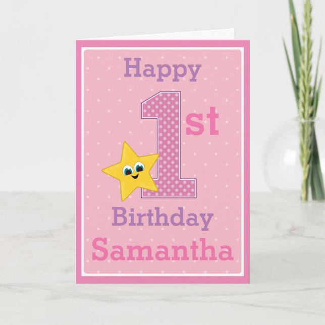 First Birthday Girl, Pink with Yellow Star Card (Front)