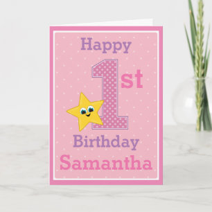 First Birthday Girl, Pink with Yellow Star Card