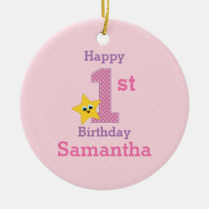 First Birthday Girl, Pink with Yellow Star Ceramic Tree Decoration