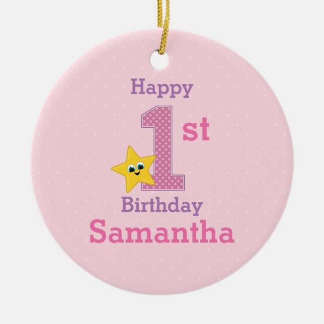 First Birthday Girl, Pink with Yellow Star Ceramic Tree Decoration (Front)