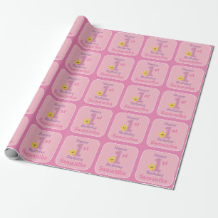 First Birthday Girl, Pink Yellow Star with Name Wrapping Paper