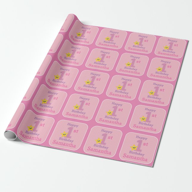 First Birthday Girl, Pink Yellow Star with Name Wrapping Paper (Unrolled)