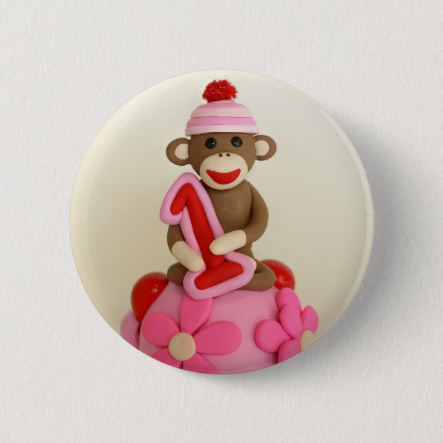 First Birthday Girl Sock Monkey Celebration 6 Cm Round Badge (Front)