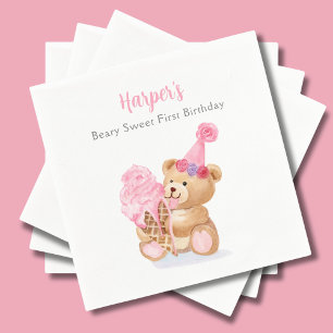 First Birthday Girl Teddy Bear Ice Cream Napkin
