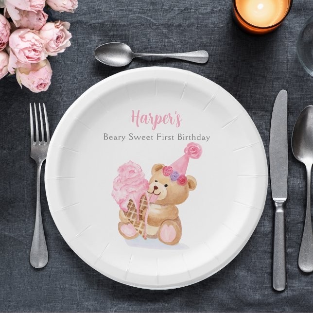 First Birthday Girl Teddy Bear Ice Cream Paper Plate (Creator Uploaded)