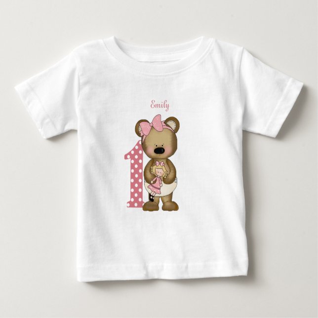 First Birthday Girl Teddy Bear with Doll T-Shirt (Front)