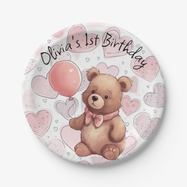 First Birthday Girl Traditional Pink Bear Paper Plate (Front)