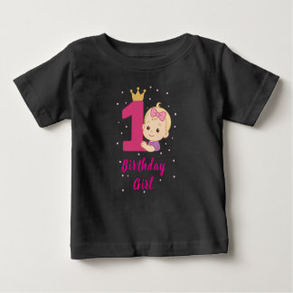 First Birthday Girl with Crown and Pink Number One Baby T-Shirt