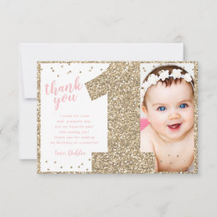 First Birthday Gold and Pink Thank You Card