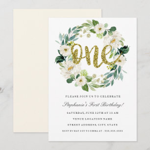 First Birthday Gold Floral Wreath Invitation