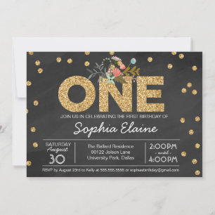 First Birthday, Gold Glitter Confetti, Chalkboard Invitation