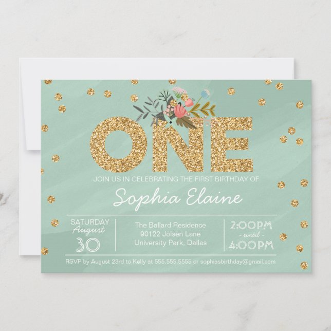 First Birthday, Gold Glitter Confetti, mint green Invitation (Front)