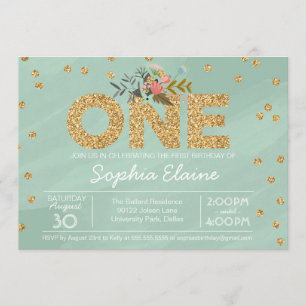 First Birthday, Gold Glitter Confetti, mint green Invitation