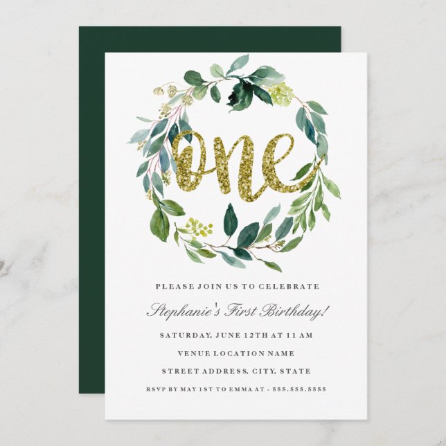 First Birthday Gold Green Floral Wreath Invitation (Front/Back)