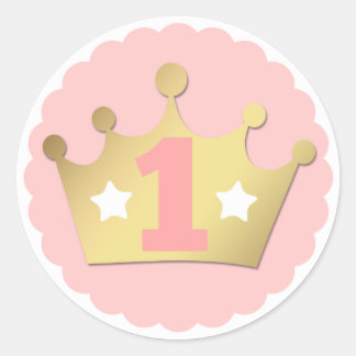 First Birthday Gold Princess Crown & Shabby Pink Classic Round Sticker