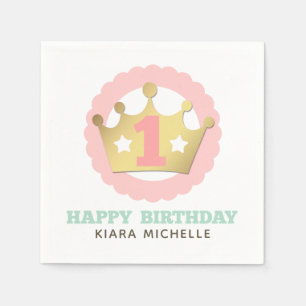 First Birthday Gold Princess Crown & Shabby Pink Napkin